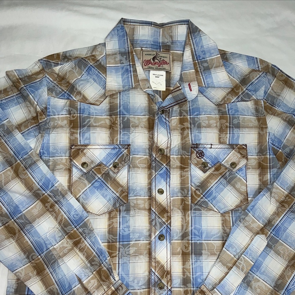 Wrangler Snap Pearl Shirt Mens Size M Brown Blue Sawtooth Pocket Western Cowboy